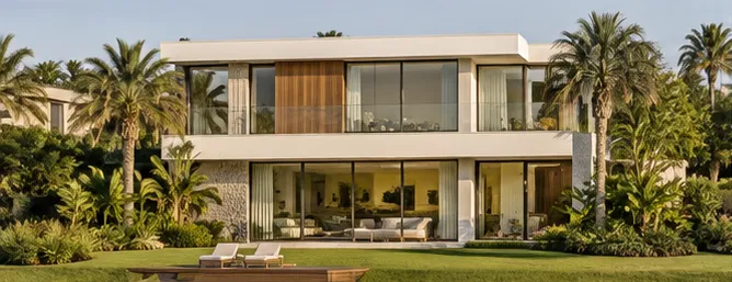 Casa de dois pavimentos de frente para o lago, com deck e palmeiras